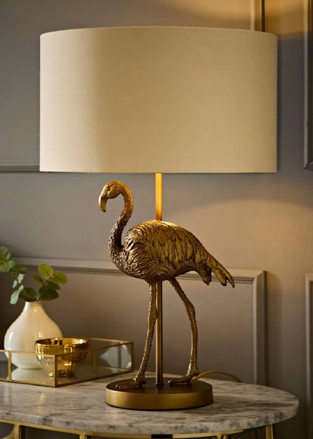ValueLights Flo Flamingo Table Lamp with Beige & Gold Inner Shade and Warm White Bulb - One Size Image 2