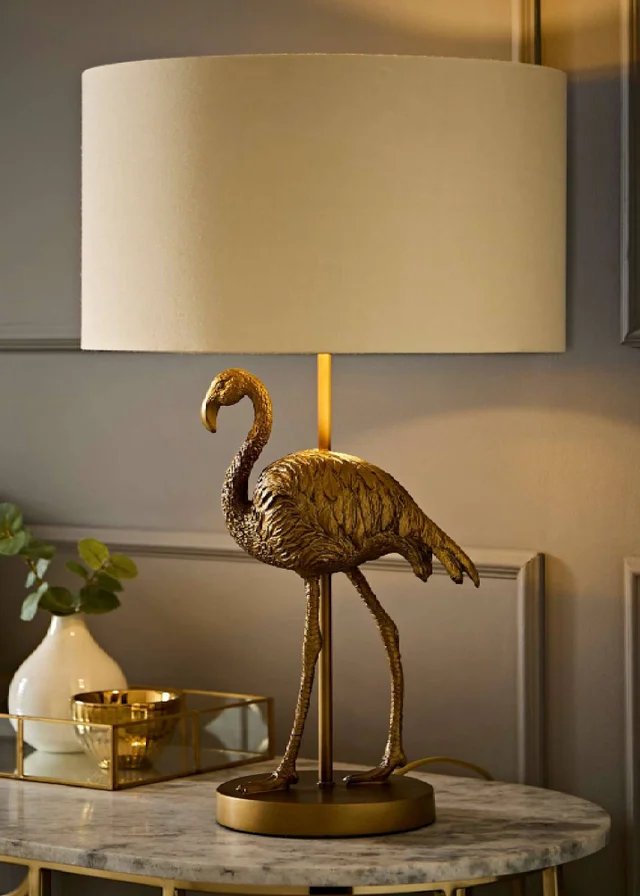 ValueLights Flo Flamingo Table Lamp with Beige & Gold Inner Shade and Warm White Bulb