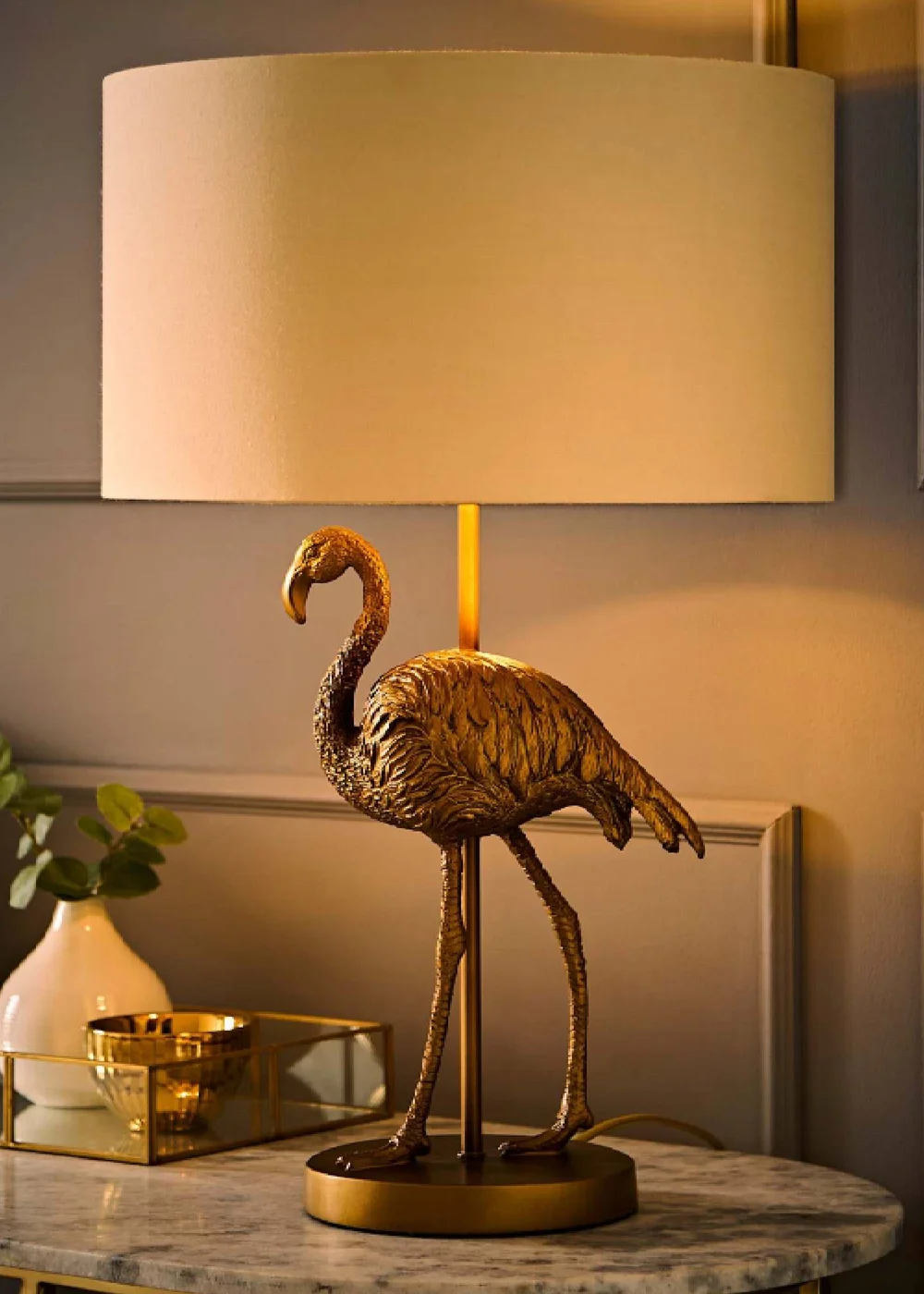 ValueLights Flo Flamingo Table Lamp with Beige & Gold Inner Shade and Warm White Bulb - One Size Image 1