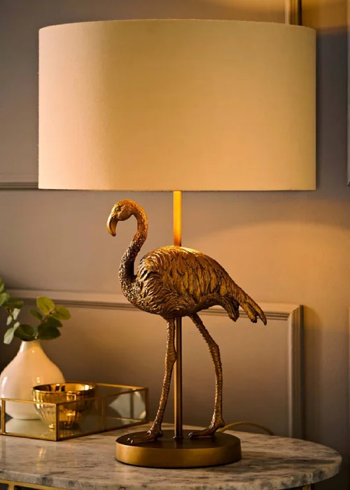 ValueLights Flo Flamingo Table Lamp with Beige & Gold Inner Shade and Warm White Bulb - One Size Image 1