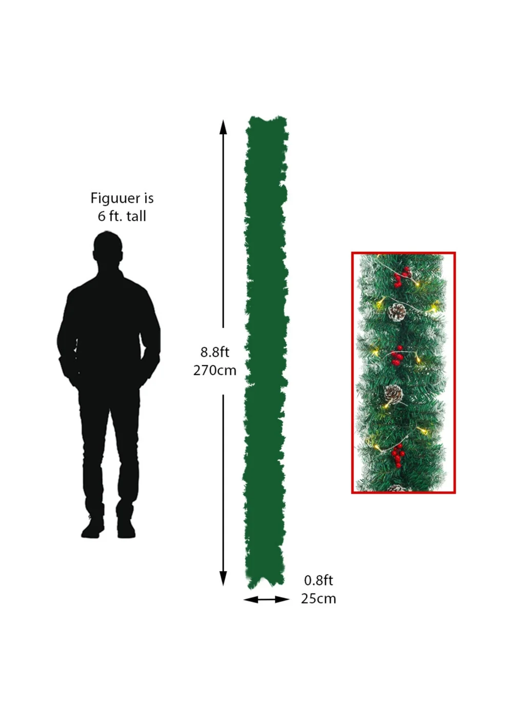 Lifeideas Multicoloured Artificial LED Warm White Light Christmas Garland 270cm - One Size Image 2