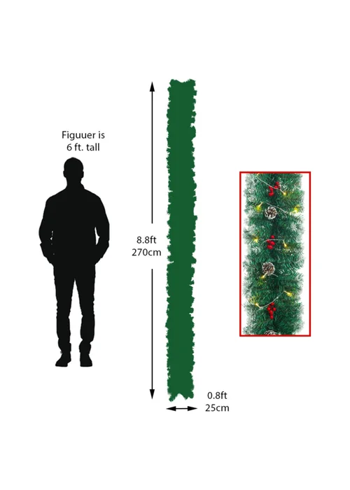 Lifeideas Multicoloured Artificial LED Warm White Light Christmas Garland 270cm - One Size Image 2