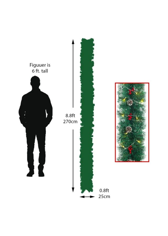 Lifeideas Multicoloured Artificial LED Warm White Light Christmas Garland 270cm