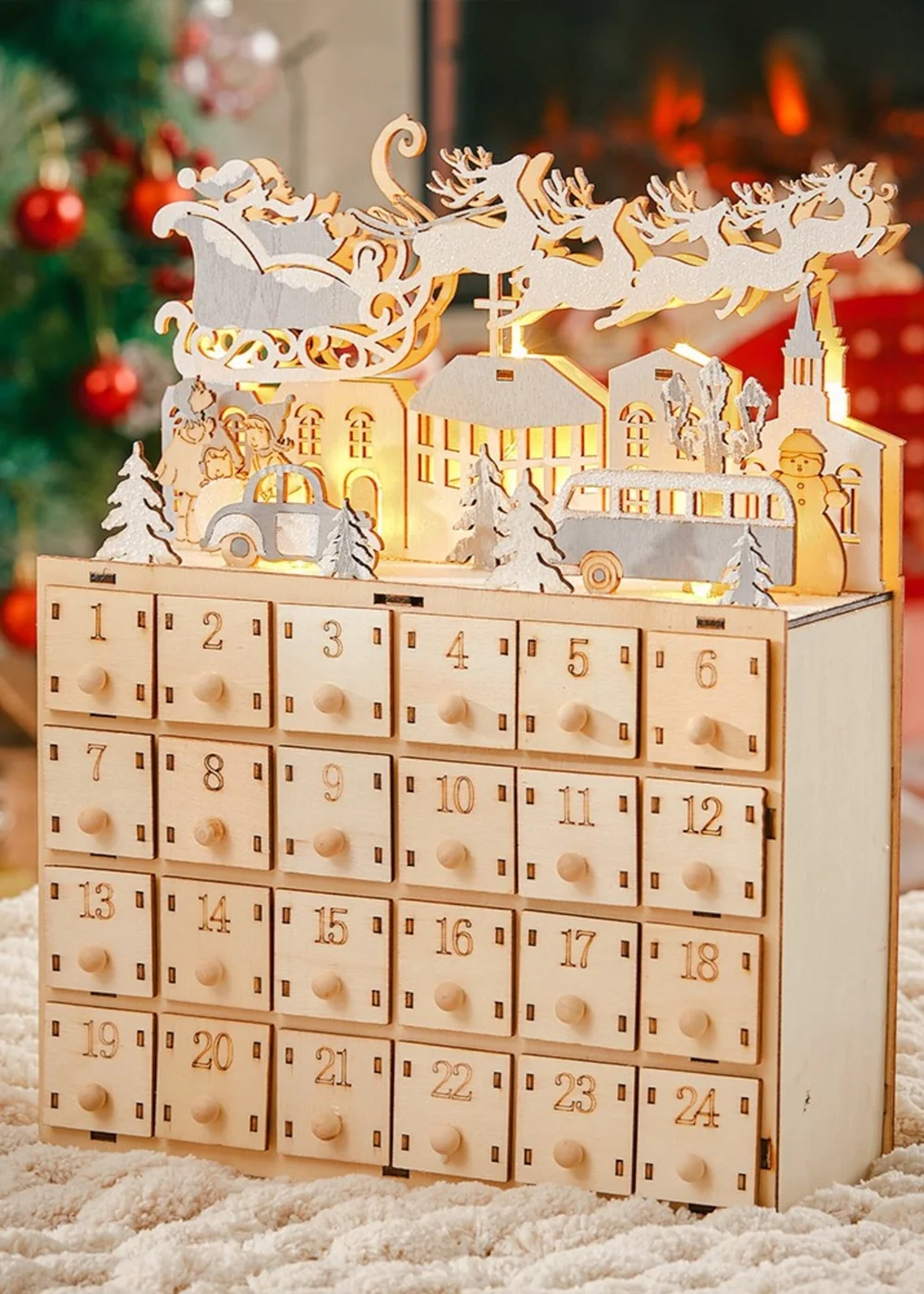Lifeideas Brown Christmas Wooden Advent Calendar LED Holiday Decoration with 24 Drawers - One Size Image 1