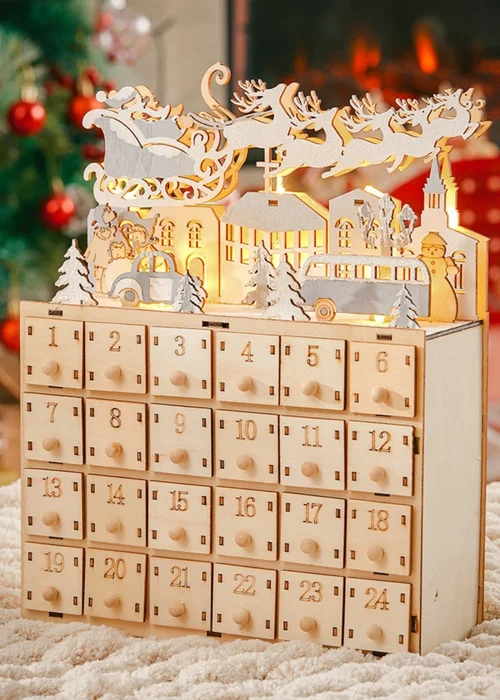 Lifeideas Brown Christmas Wooden Advent Calendar LED Holiday Decoration with 24 Drawers - One Size Image 1