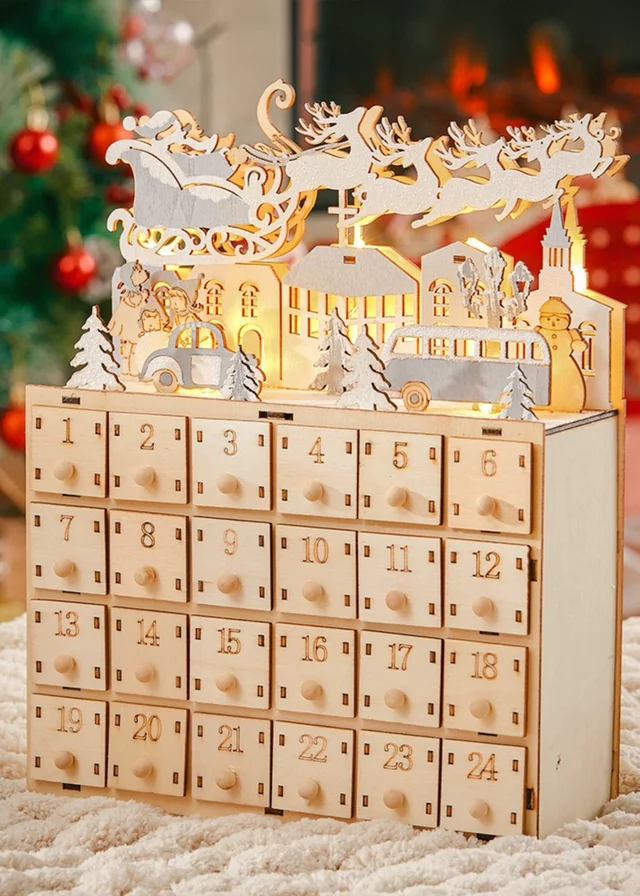 Lifeideas Brown Christmas Wooden Advent Calendar LED Holiday Decoration with 24 Drawers