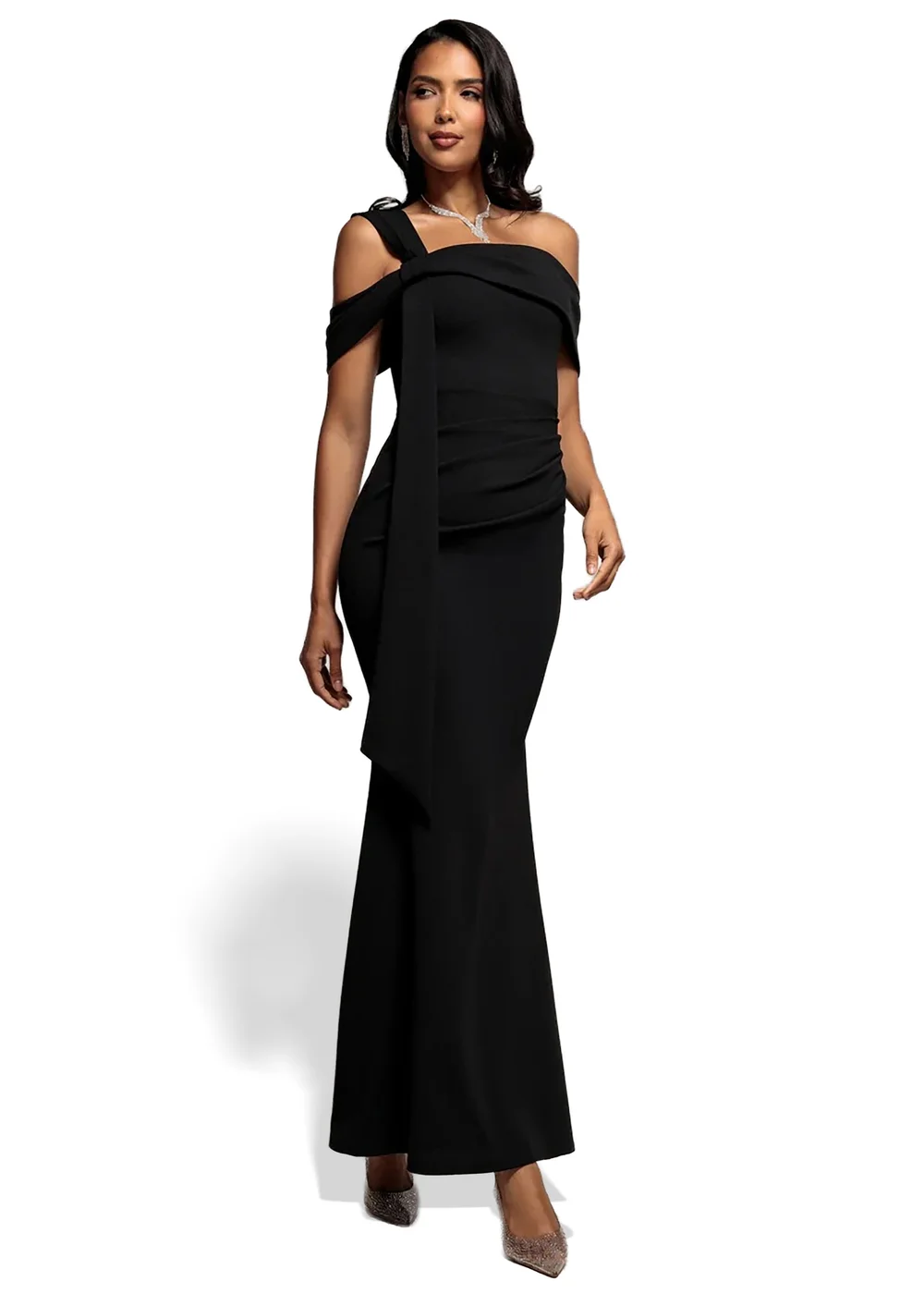 Goddiva Black One Shoulder Twisted Bardot Asymmetric Mermaid Maxi Dress - 14 Image 1