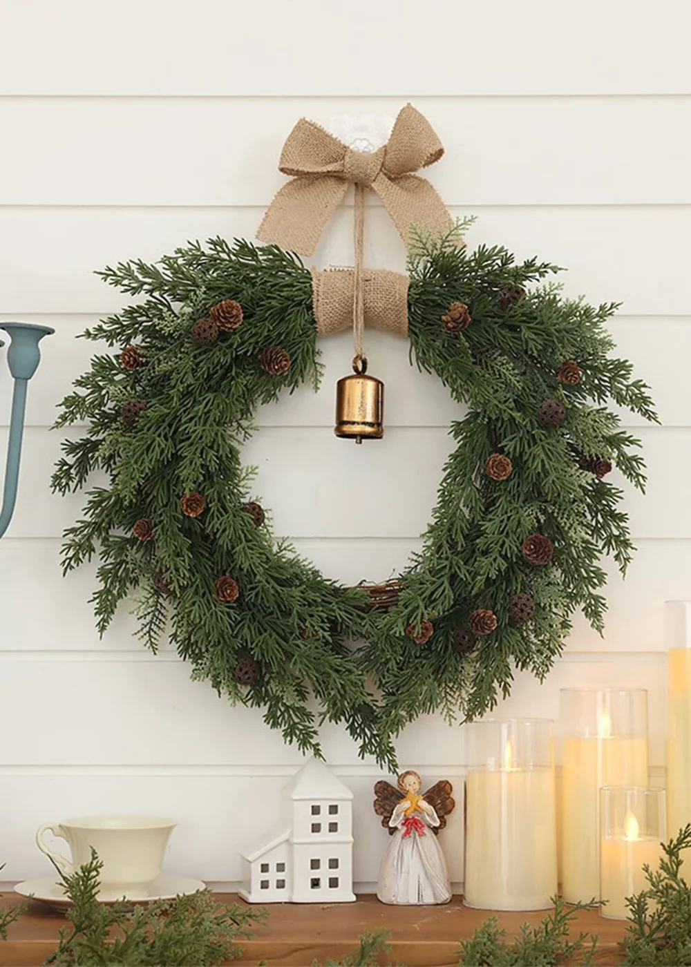 Lifeideas Green Front Door Christmas Wreath Decorations with Bow and Bell - One Size Image 1