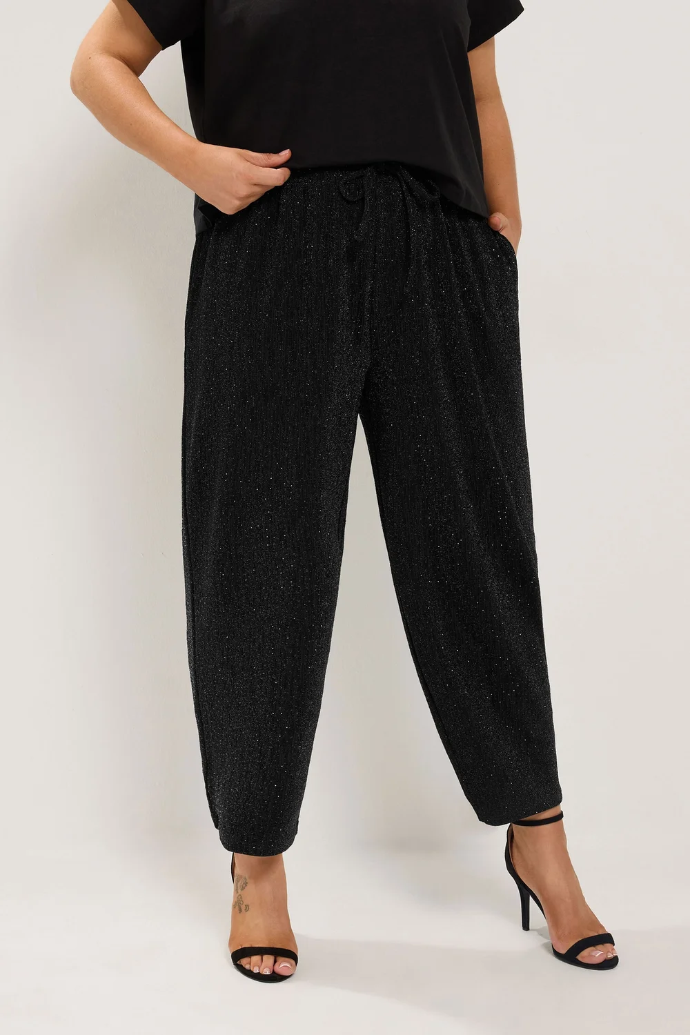 Yours Curve Black Sparkle Barrel Leg Trousers - 30-32/L30 Image 1