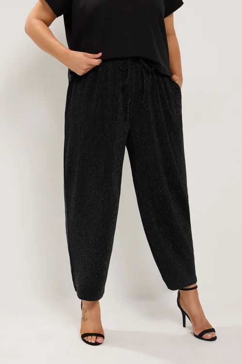 Yours Curve Black Sparkle Barrel Leg Trousers - 30-32/L30 Image 1