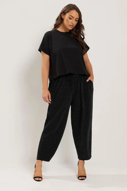 Yours Curve Black Sparkle Barrel Leg Trousers - 30-32/L30 Image 2