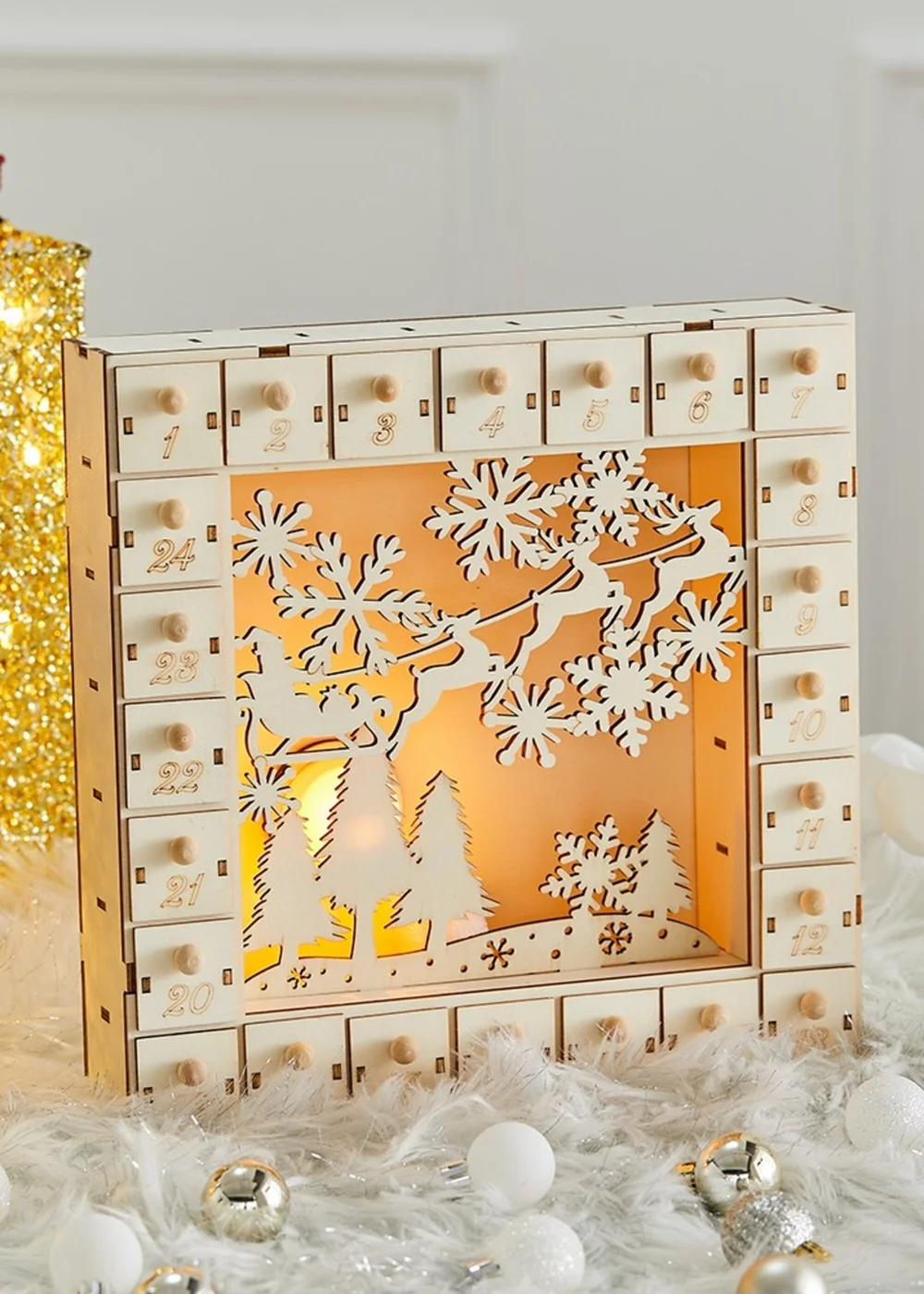 Lifeideas Brown DIY Wooden Square Christmas Advent Calendar - One Size Image 1
