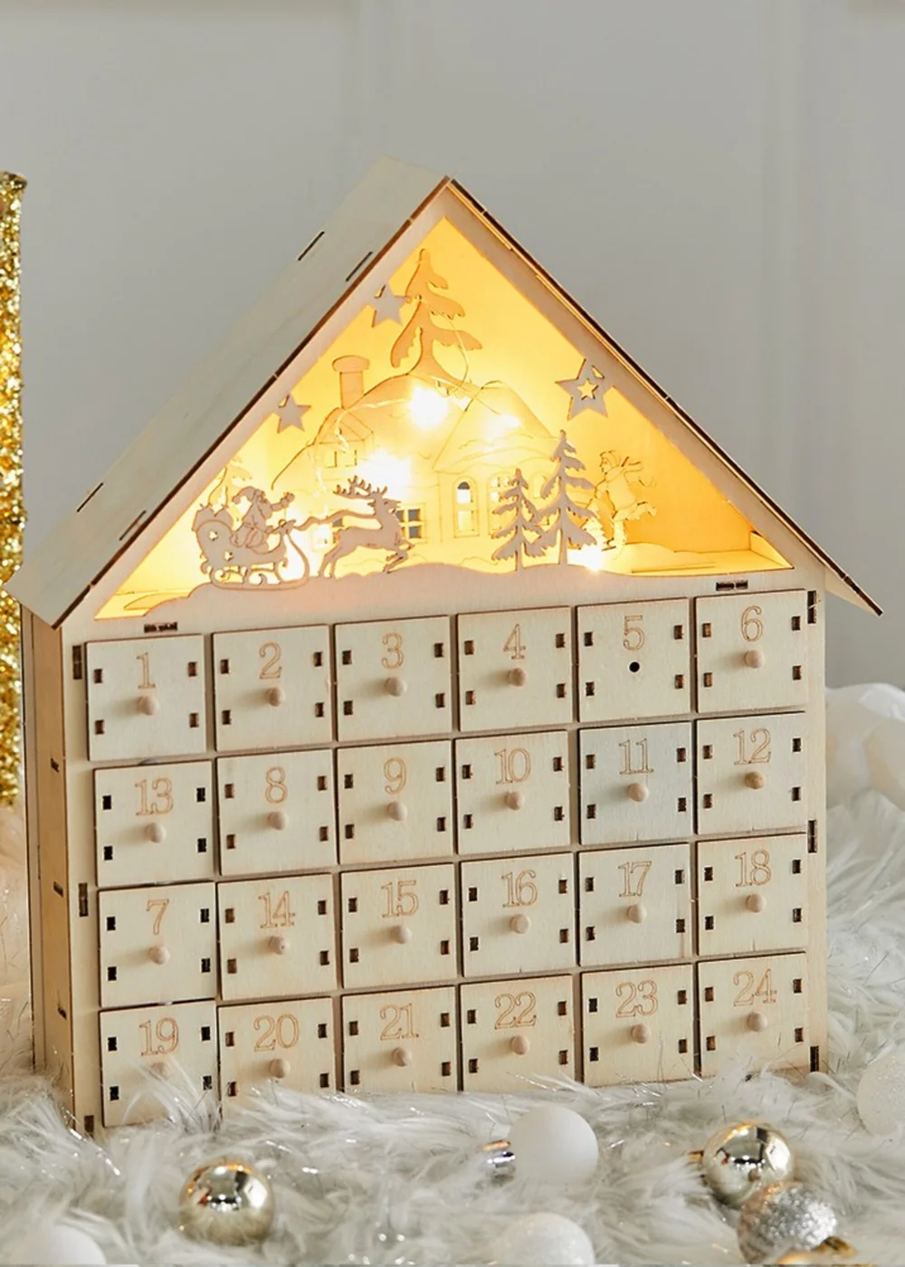 Lifeideas Brown Wooden Christmas Advent Calendar with LED Light - One Size Image 1