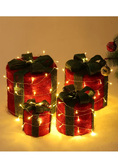 Lifeideas Red 4Pcs Christmas Gift Box Decorations with LED String Lights - One Size Image 1
