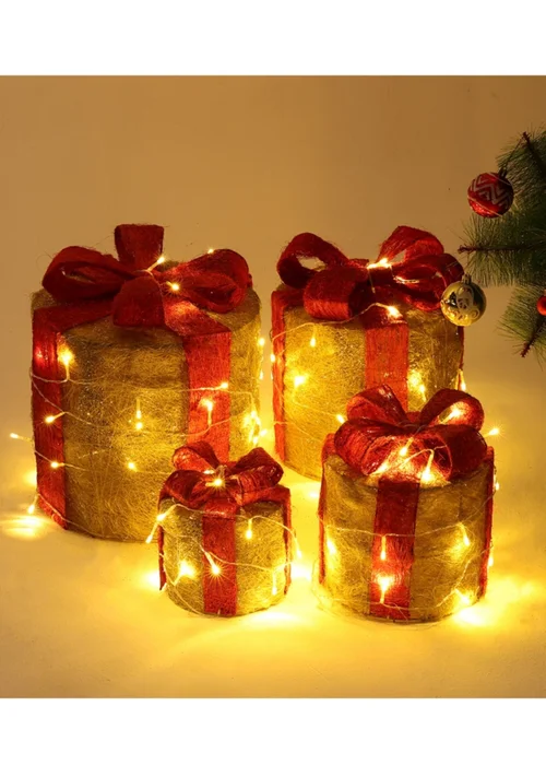 Lifeideas Gold 4Pcs Christmas Gift Box Decorations with LED String Lights - One Size Image 1