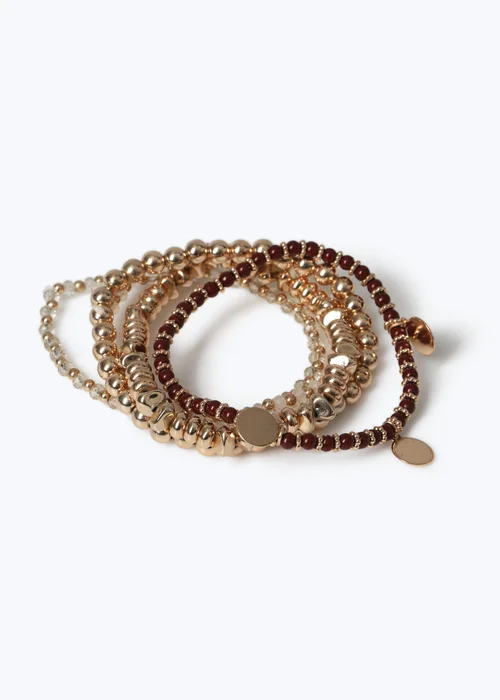 5 Pack Gold and Brown Bracelets - One Size Image 1