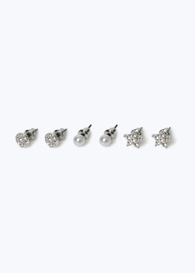 3 Pack Muse Silver Pearl Flower Stud Earrings
