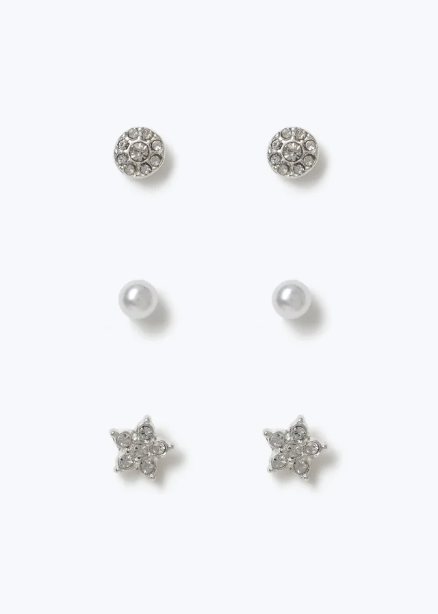 3 Pack Muse Silver Pearl Flower Stud Earrings