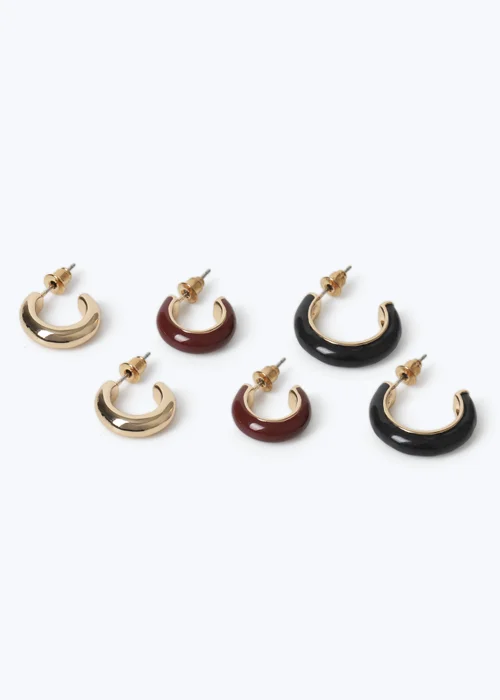 3 Pack Muse Gold/ Burgundy Hoop Earrings - One Size Image 2