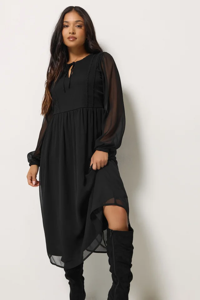 PixieGirl Petite Black Chiffon Tie Neck Midi Dress