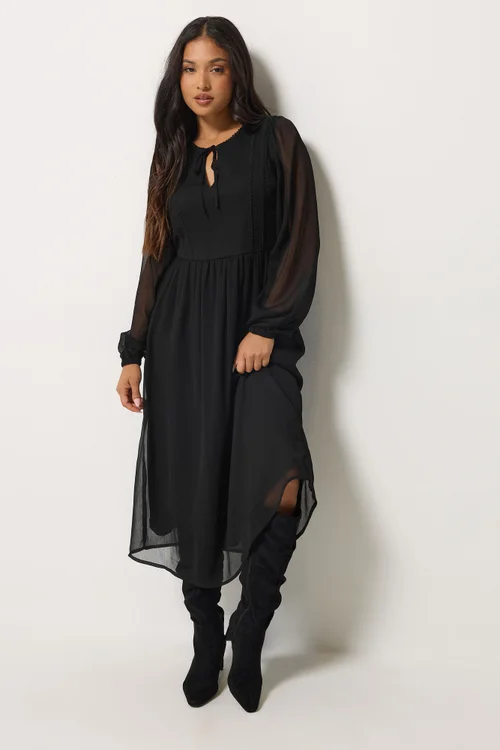 PixieGirl Petite Black Chiffon Tie Neck Midi Dress - 6 Image 2