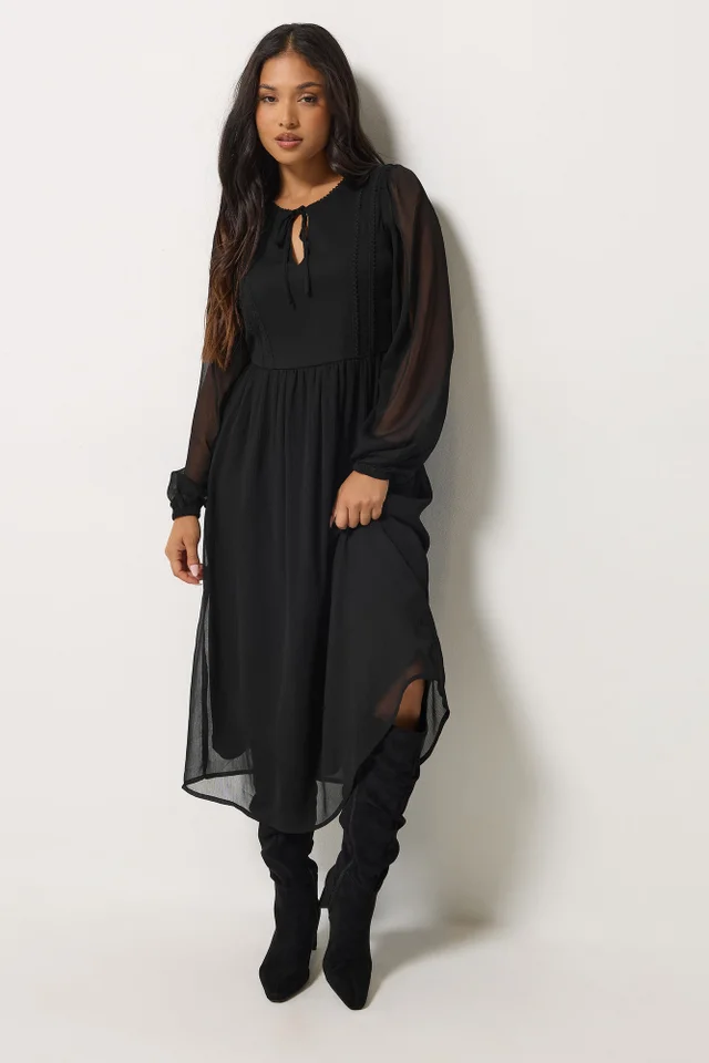 PixieGirl Petite Black Chiffon Tie Neck Midi Dress