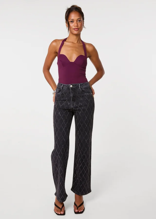 Pink Vanilla Black Diamante Diamond Wide Leg Jeans