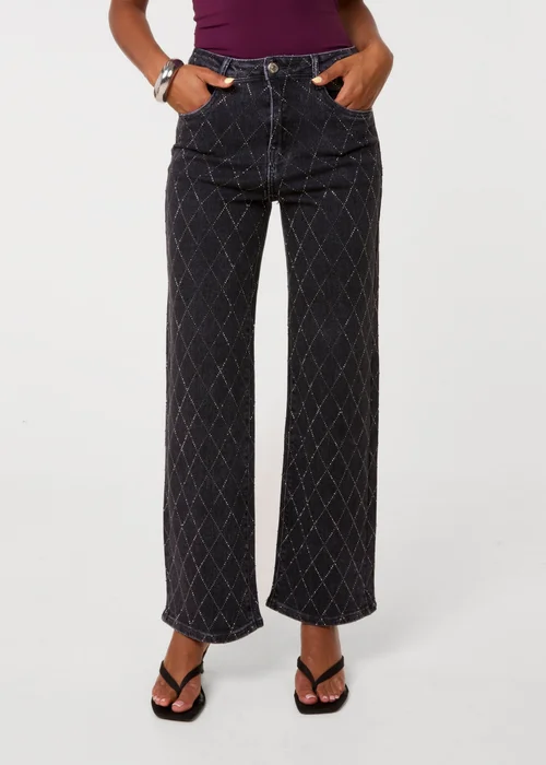 Pink Vanilla Black Diamante Diamond Wide Leg Jeans - S Image 2