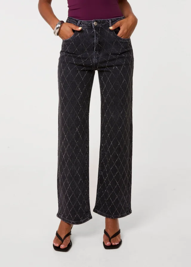 Pink Vanilla Black Diamante Diamond Wide Leg Jeans