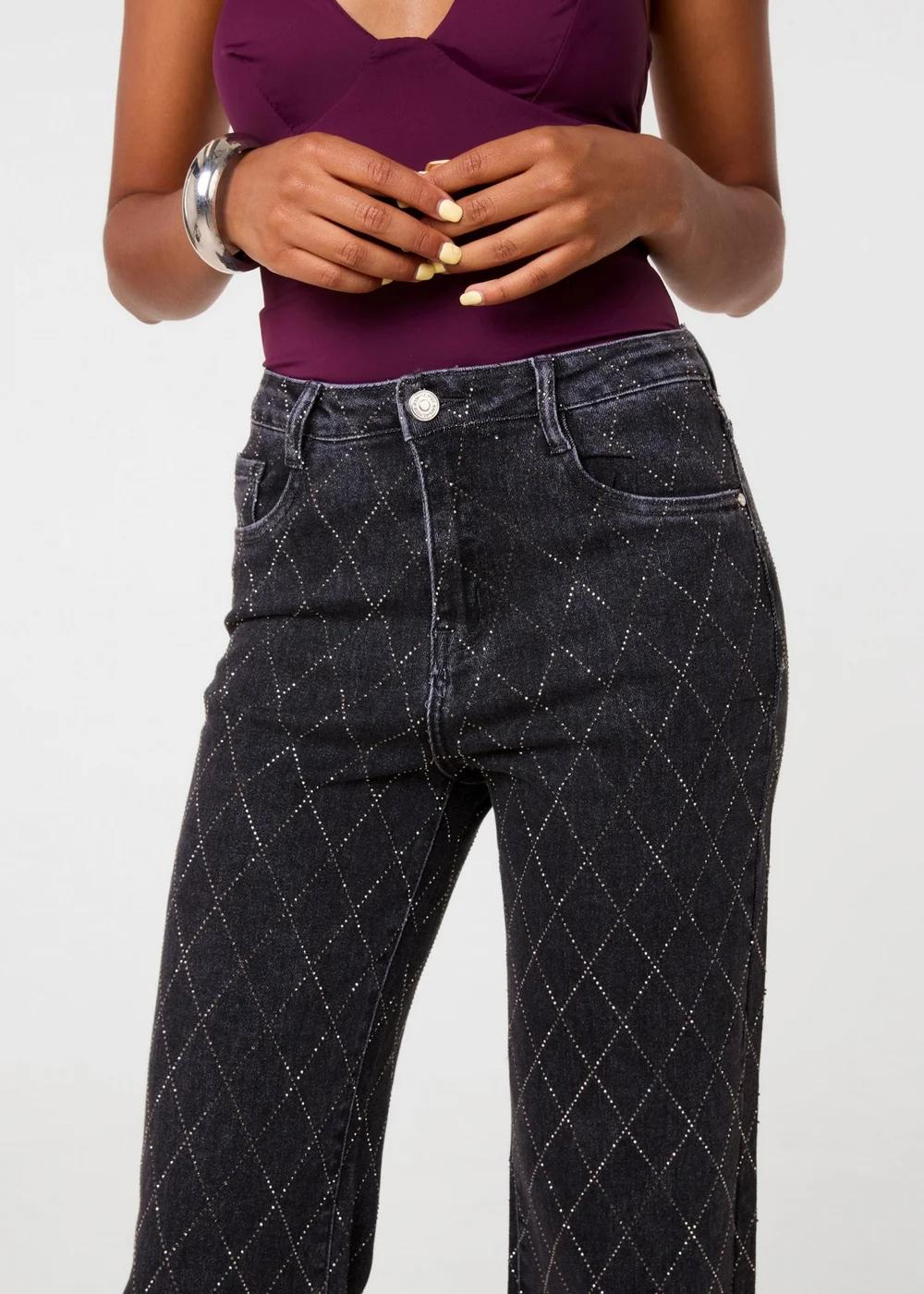 Pink Vanilla Black Diamante Diamond Wide Leg Jeans - S Image 3