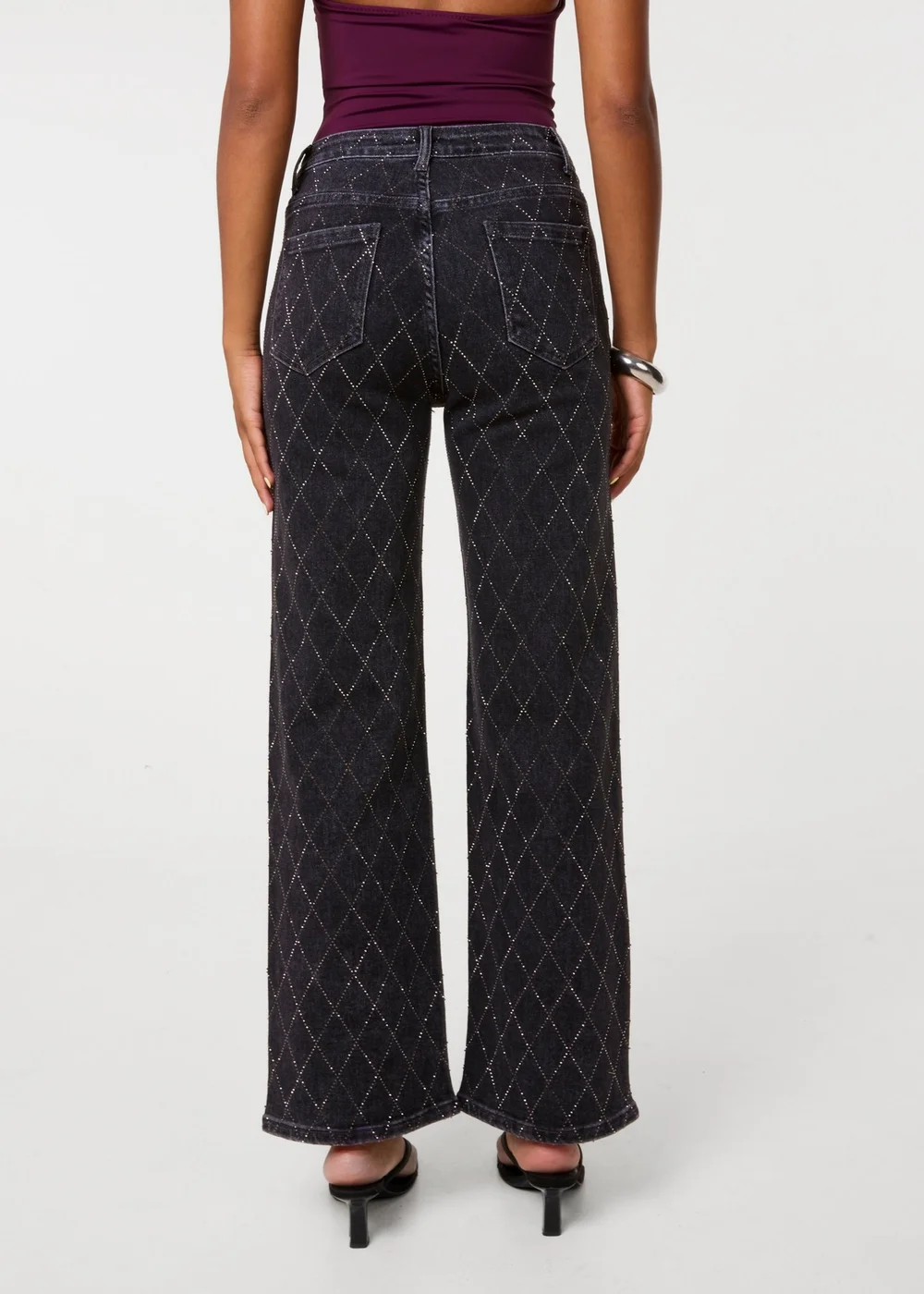 Pink Vanilla Black Diamante Diamond Wide Leg Jeans - S Image 4