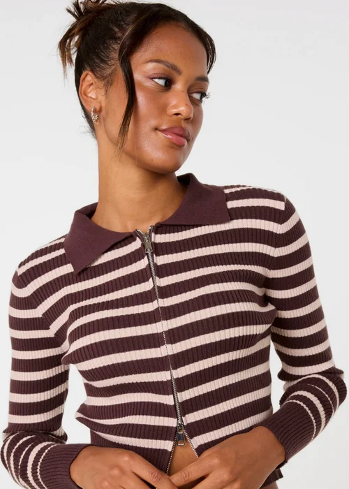 Pink Vanilla Brown Stripe Zip Through Ribbed Jumper - M/L Image 3
