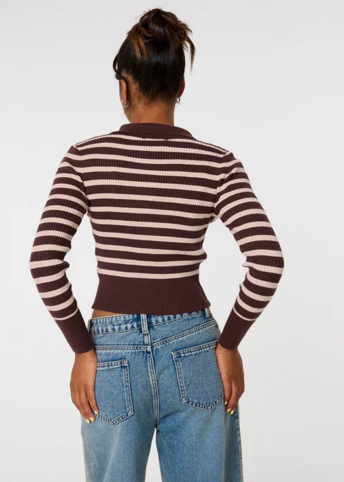 Pink Vanilla Brown Stripe Zip Through Ribbed Jumper - M/L Image 4