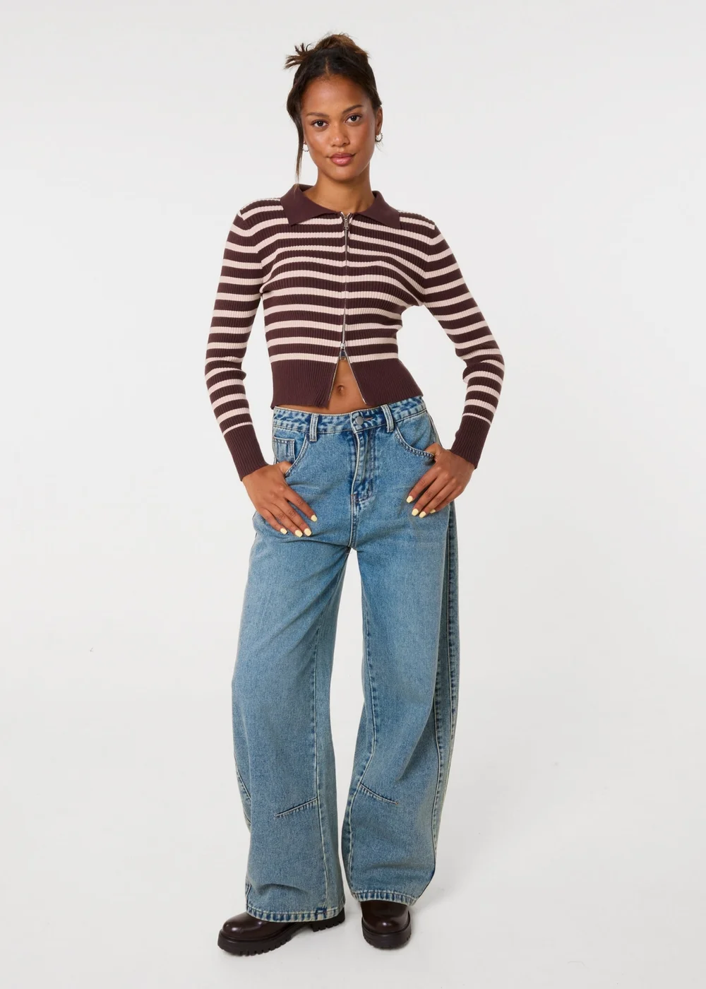 Pink Vanilla Brown Stripe Zip Through Ribbed Jumper - M/L Image 2