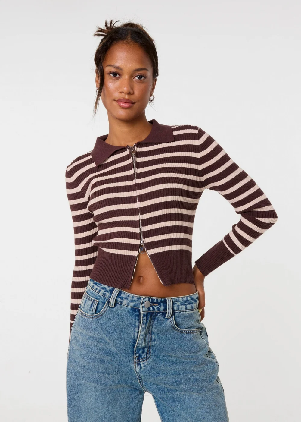 Pink Vanilla Brown Stripe Zip Through Ribbed Jumper - M/L Image 1