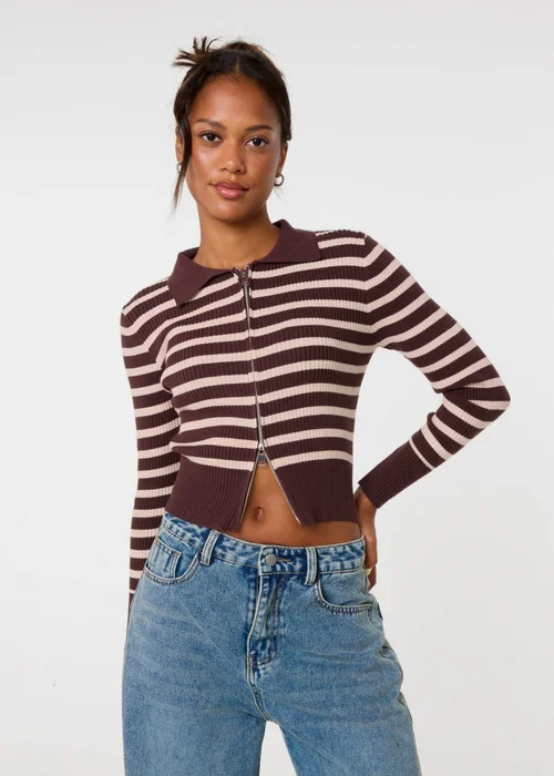 Pink Vanilla Brown Stripe Zip Through Ribbed Jumper - M/L Image 1