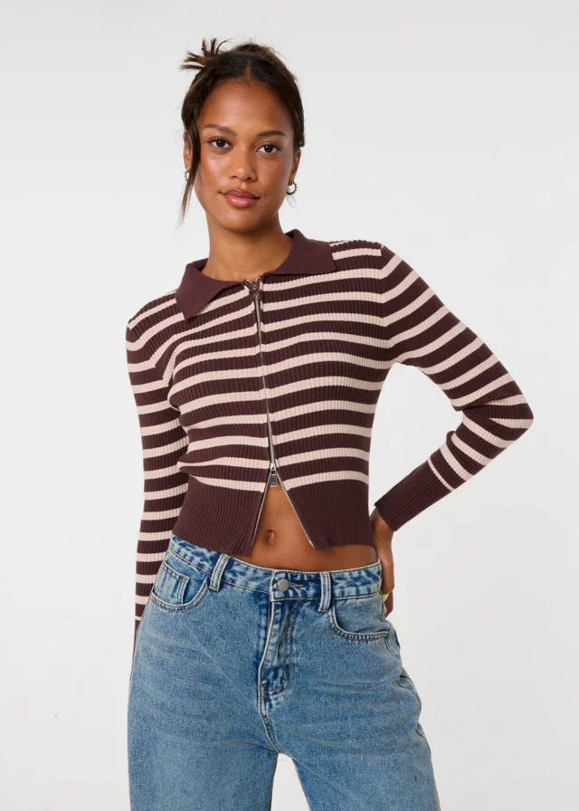 Pink Vanilla Brown Stripe Zip Through Ribbed Jumper