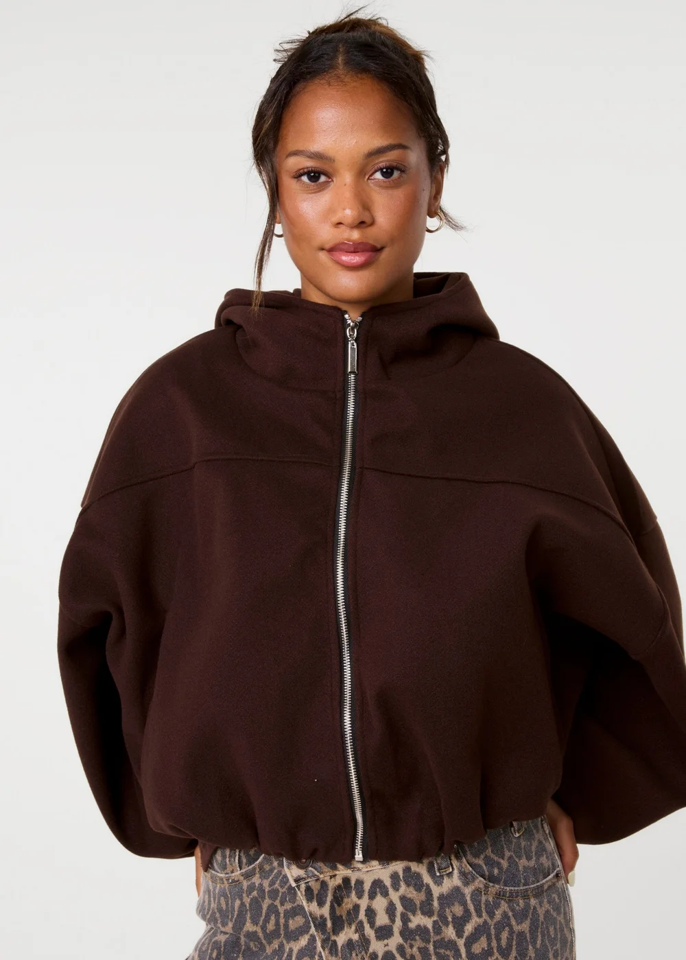 Pink Vanilla Brown Hooded Elasticated Hem Fleecy Jacket - One Size Image 3