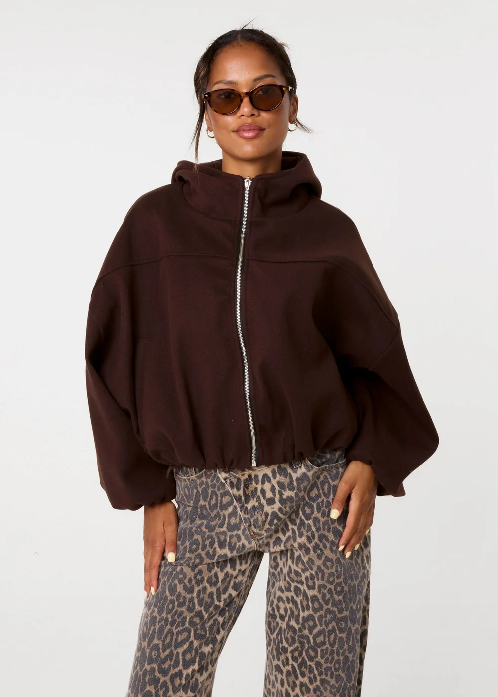 Pink Vanilla Brown Hooded Elasticated Hem Fleecy Jacket - One Size Image 1