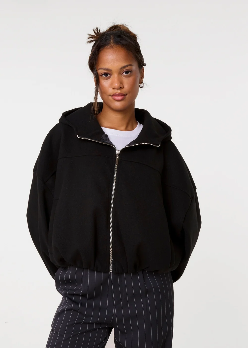 Pink Vanilla Black Hooded Elasticated Hem Fleecy Jacket - One Size Image 1