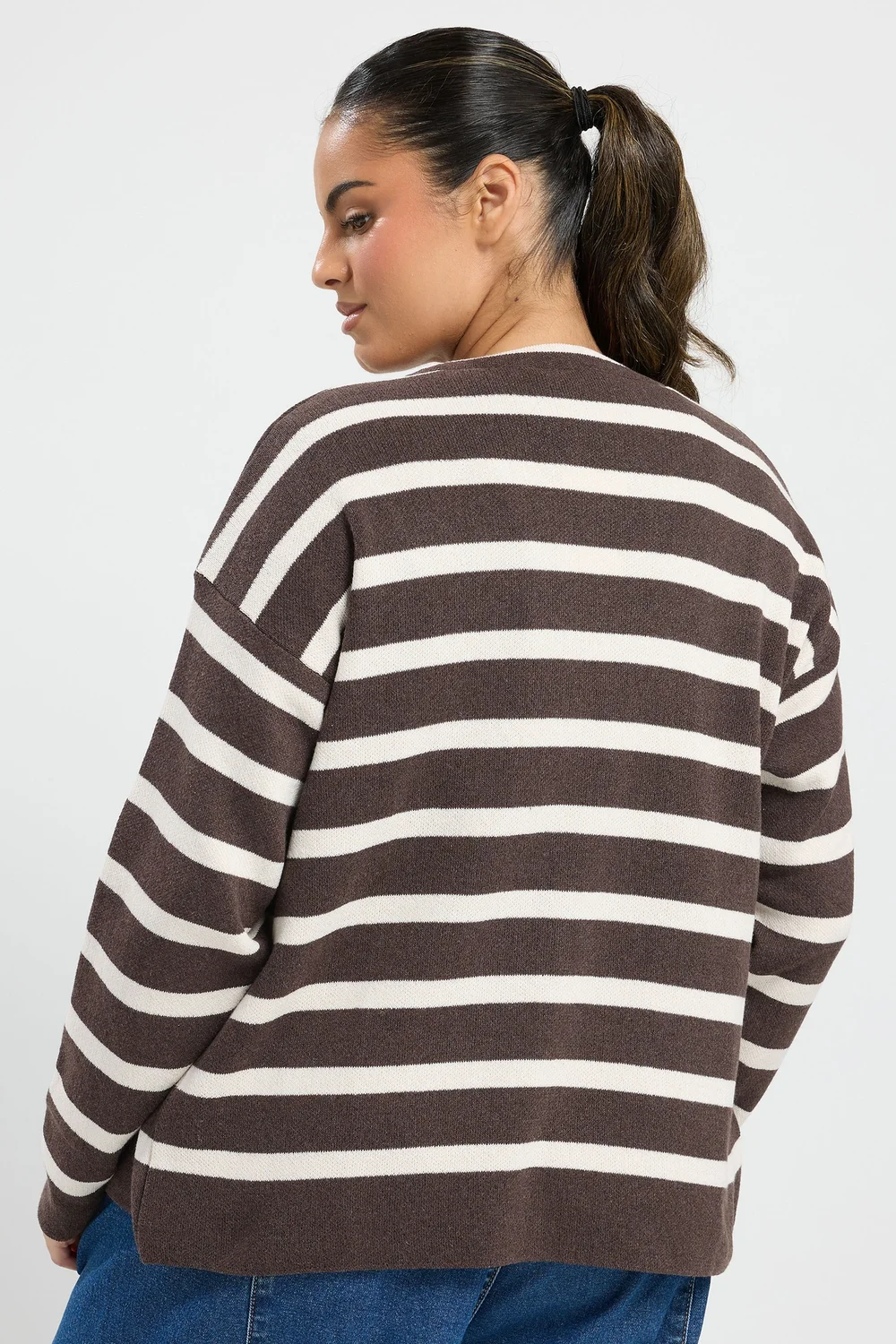 Yours Curve Chocolate Brown & Cream Stripe Cardigan - 14-16 Image 3