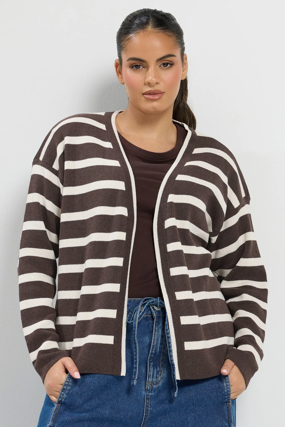 Yours Curve Chocolate Brown & Cream Stripe Cardigan - 14-16 Image 1