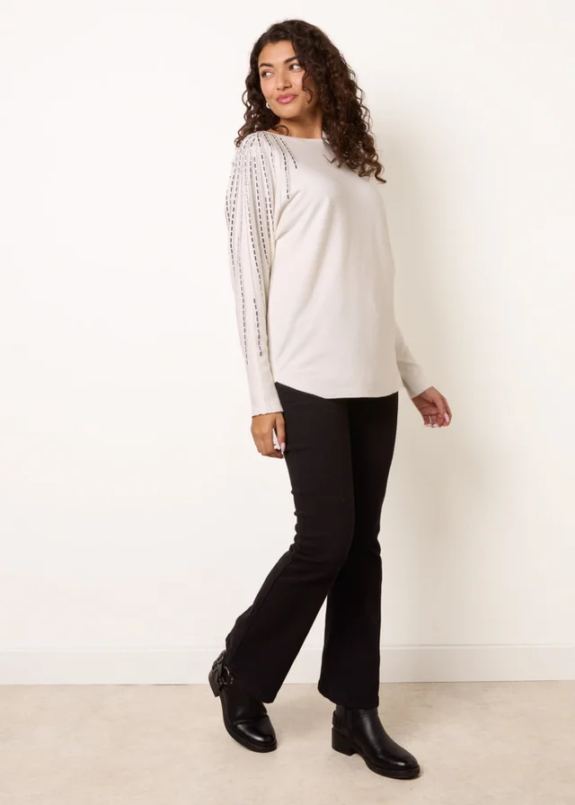 Blue Vanilla Ivory Embellished Sleeve Batwing Jumper