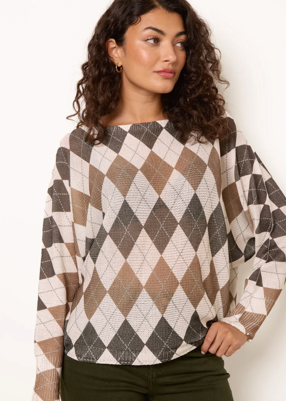 Blue Vanilla Brown Slash Neck Argyle Diamond Jumper - One Size Image 1