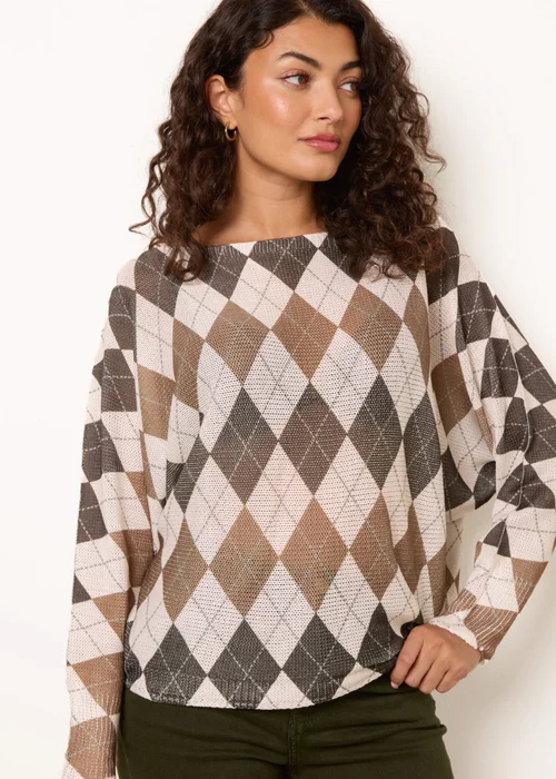 Blue Vanilla Brown Slash Neck Argyle Diamond Jumper - One Size Image 1