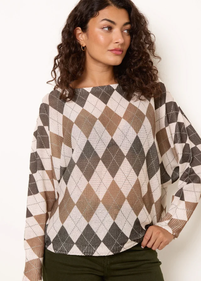 Blue Vanilla Brown Slash Neck Argyle Diamond Jumper