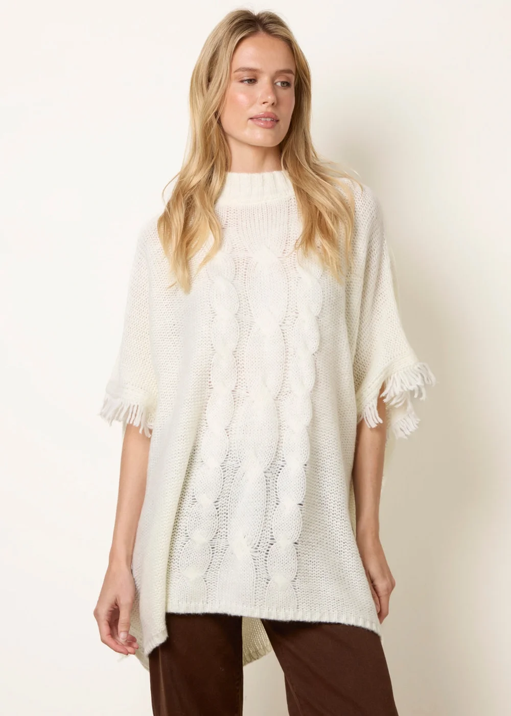 Blue Vanilla Cream Cable Knit Fringe Poncho - One Size Image 3