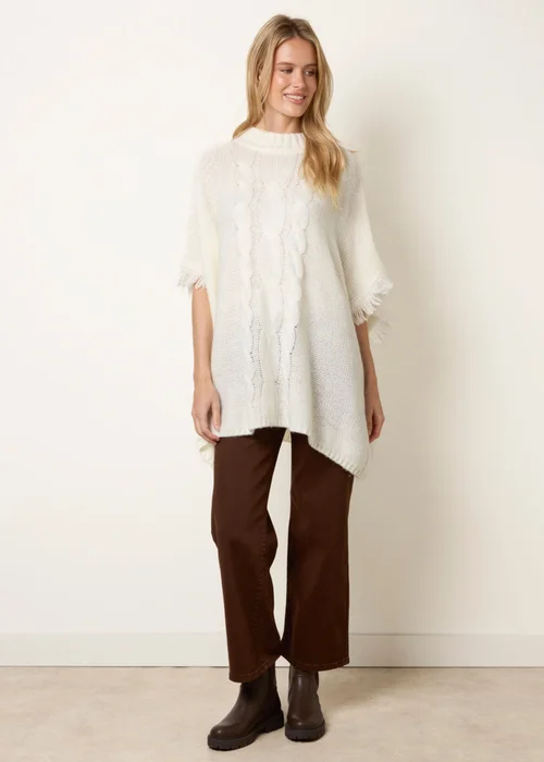 Blue Vanilla Cream Cable Knit Fringe Poncho - One Size Image 1