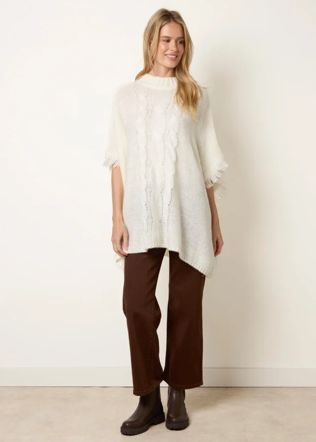 Blue Vanilla Cream Cable Knit Fringe Poncho