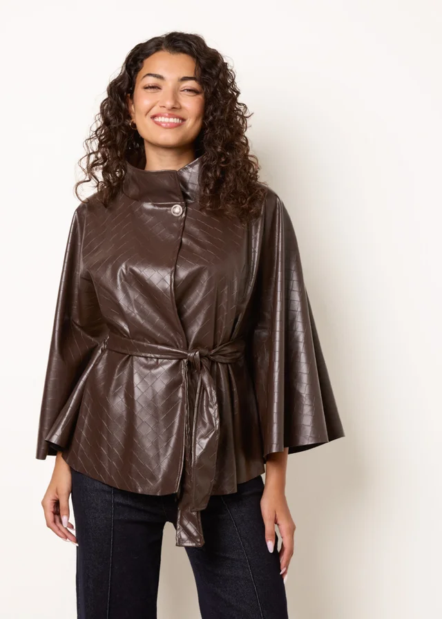 Blue Vanilla Brown High Funnel Neck PU Leather Cape